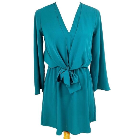 Topshop Dark Teal Green Front Tie Long Sleeve Fit and Flare Dress 2 - Picture 1 of 8